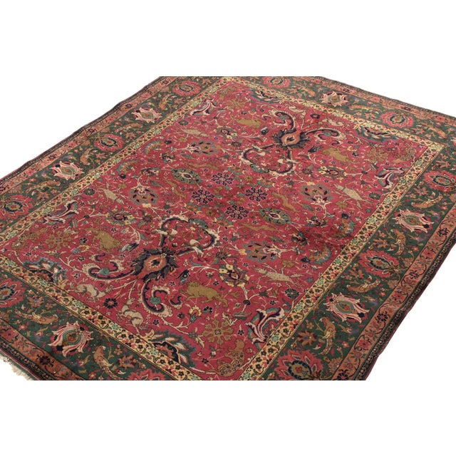 Traditional Hand-Knotted Antique Indian Agra Rug in All Over Pink, Green Hunting Pictorial For Sale - Image 3 of 6