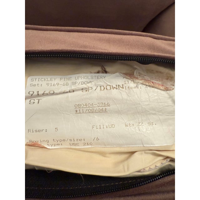 Cinnamon Stickley Down-Filled Café-Au-Lait Velvet Loveseat For Sale - Image 8 of 11