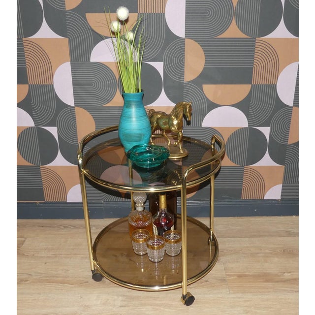 Round Gilt Chrome-Plated and Smoked Glass Serving Trolley, 1970s For Sale - Image 4 of 7