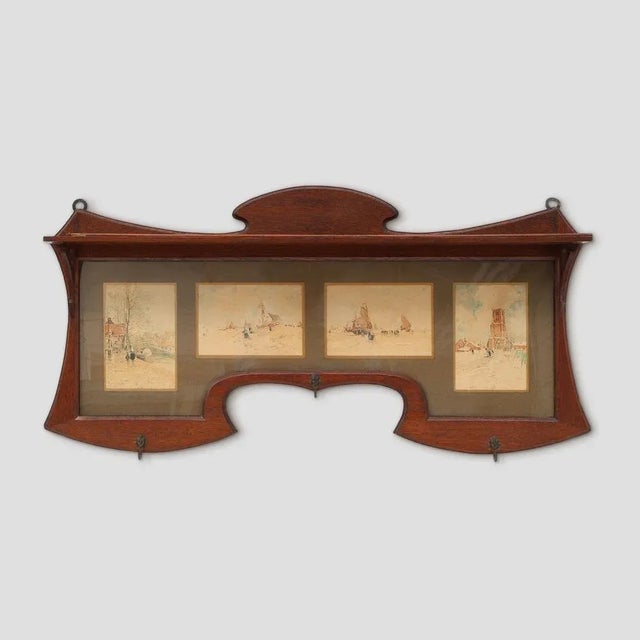 Art Nouveau Wall-Mounted Coat Rack with Framed Watercolors from Cassier, Belgium, 1905 For Sale - Image 15 of 15