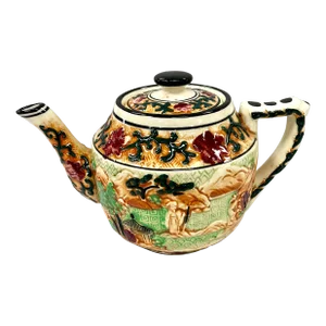 Vintage Majolica Teapot With Asian Designs