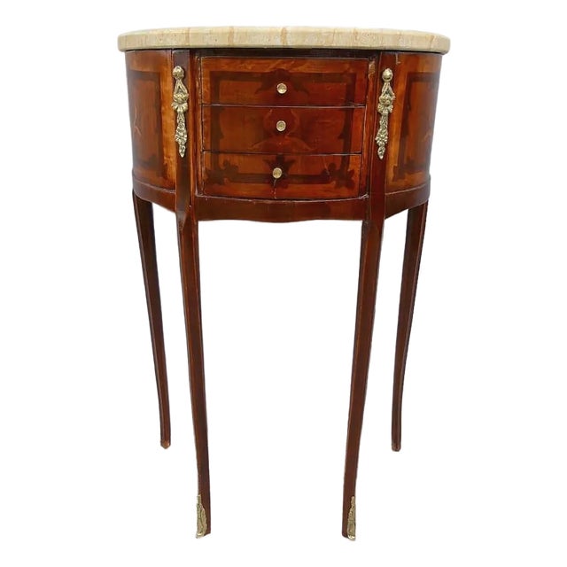French Louis XVI Round Marble Top Side Table With 3 Drawers, Solid Wood & Hand-Gilded Gold Leaf Details For Sale