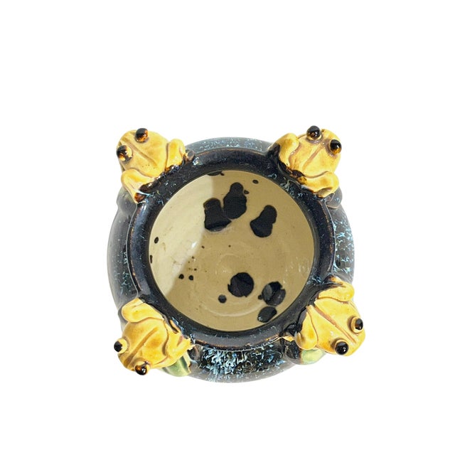 Vintage Italian Majolica Frog-Handle Cachepot Planter | Blue Glazed Pottery Vase, 4” For Sale - Image 6 of 10