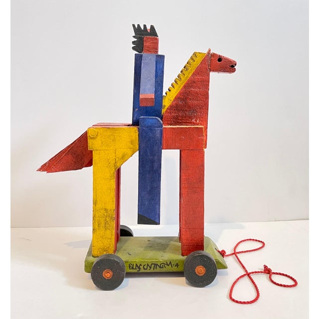 Blue Blas Castagna, Blas Castagna Hand Painted Wooden Constructivist Sculpture Toy Horse Carved Wood For Sale - Image 8 of 10