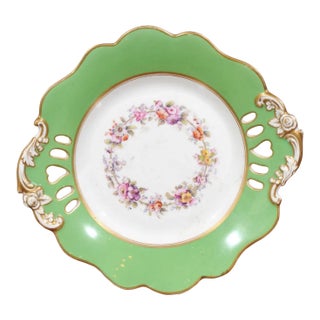 Antique Ridgway Porcelain Compote with Green Rim & Floral Décor For Sale