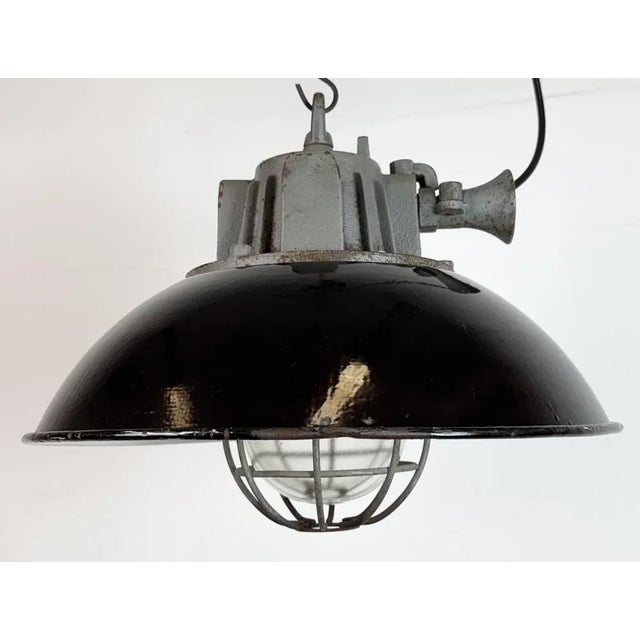 Mid-Century Modern Black Enamel and Cast Iron Industrial Cage Pendant Light from Elektrosvit, 1960s For Sale - Image 3 of 18