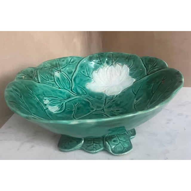 Green Joseph Holdcroft Pond Lily Footed Bowl, C. 1880's For Sale - Image 8 of 14