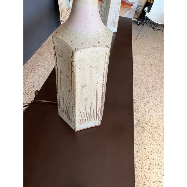 1970s Organic Modern Table Lamps in Stoneware & Brass - a Pair For Sale - Image 16 of 17