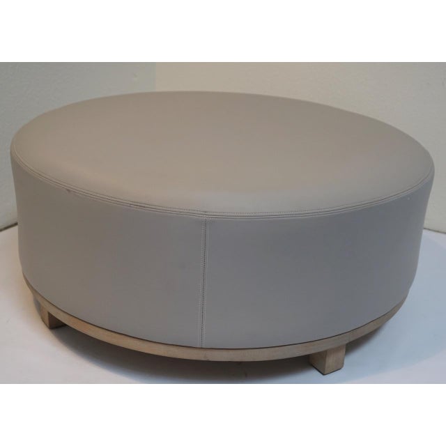 Round Leather Gray Ottoman With Natural Wood Legs Chairish