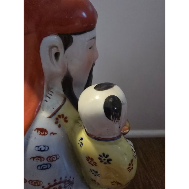 Chinese 15" Hand-Painted Chinese Immortal Figurine Statue With Child (Longevity Deity) For Sale - Image 3 of 10