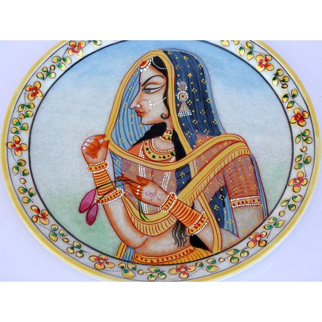 Marble Handicraft Plate Rajasthani Women Bani Thani Tribal Ethnic Hand Painted For Sale - Image 6 of 8