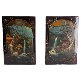 Japanese Painted and Lacquered Wood Panels For Sale