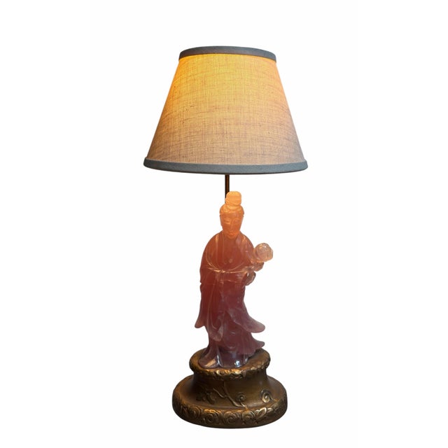Antique Chinese Rose Quartz Goddess Sculpture Designer Table Lamp For Sale - Image 4 of 6