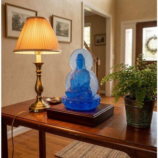 Blue Frosted Crystal Glass Lotus Base 2 Sides Bodhisattva Guanyin Figure For Sale - Image 4 of 11