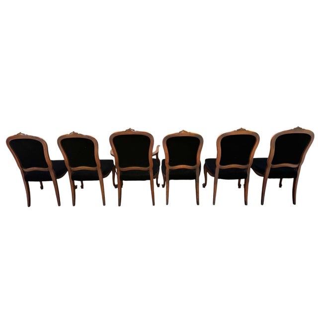 Mid 20th Century Set of Six French Provincial Chairs With Black Velvet Upholstery For Sale - Image 4 of 11