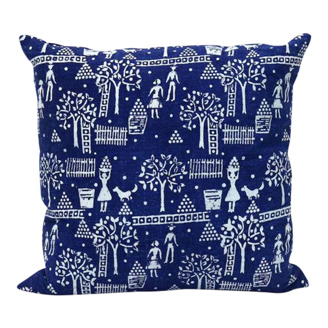 Hand-Blocked French Indigo Pillow For Sale