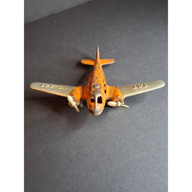 1930s Share Vintage 1930s Hubley Cast Iron Tat Nc-491 Dual Prop Airplane Toy Orange Nickel For Sale - Image 5 of 15