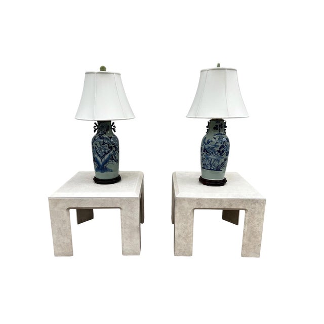 Pair of Large-Scale Vintage Chinese Blue & White Porcelain Chinoiserie Table Lamps For Sale - Image 4 of 12