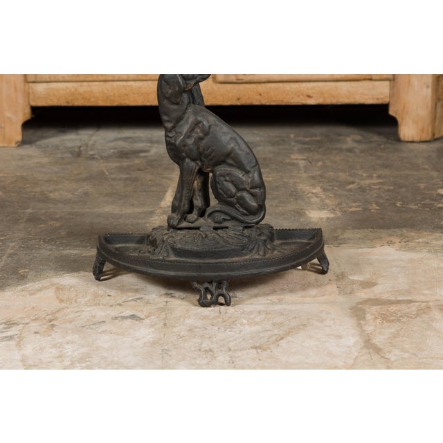 Brown English Iron Umbrella Stand Depicting a Dog Sitting in front of a Tree For Sale - Image 8 of 11
