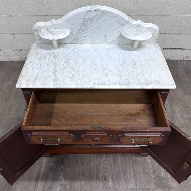 Antique Late 1800s Victorian Walnut Marble Top Washstand For Sale - Image 10 of 12