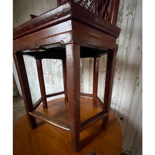 Antique Asian Chinese Style Carved Hexagonal Petit Delicate Small Chair W/Arms For Sale - Image 9 of 12