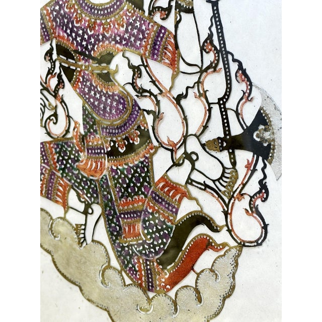 Fine Indonesian Hand-Coloured Pierced Leather Deity, Gilt-Framed Wayang Shadow Art Under Glass For Sale - Image 10 of 10