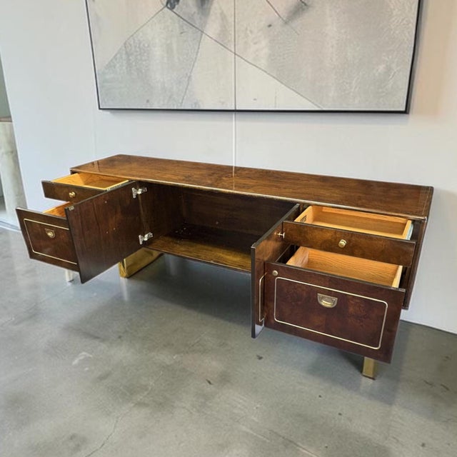 1970s Romweber Burl Elm Wood and Gold Trim Executive Desk and Credenza Set For Sale - Image 14 of 18