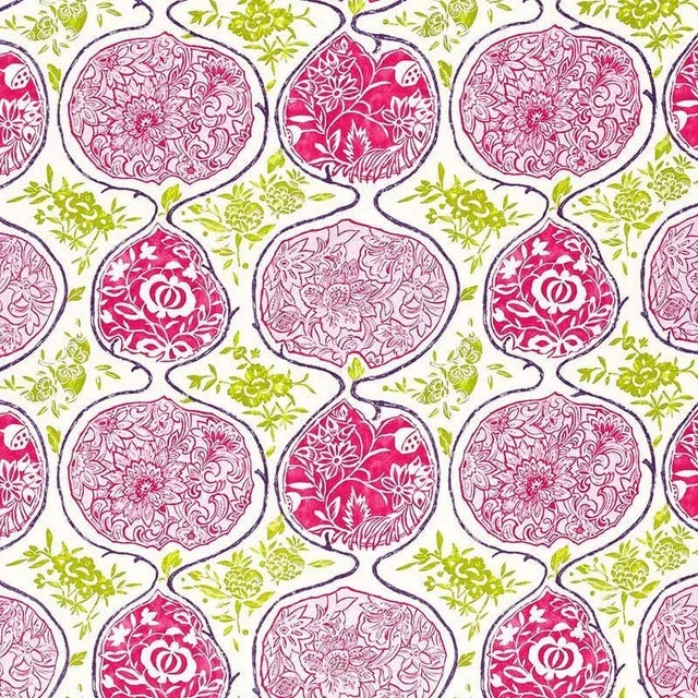 Sample - Schumacher Katsugi Fabric in Fuchsia & Chartreuse For Sale