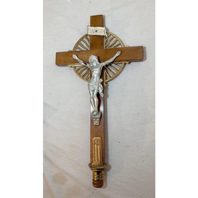 This large vintage church-used wood and brass ceremonial processional crucifix is a religious symbol of Christianity and...