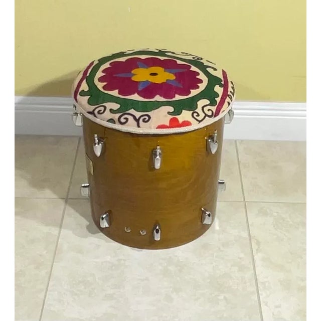 Vintage Suzani Upholstered Drum Wood Stool For Sale - Image 13 of 13
