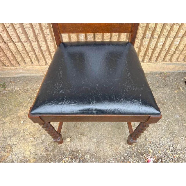Set of Six Antique Carved Oak Barley Twist Leather Seat Dining Chairs Well made, carved , refinished frame. Approximate...