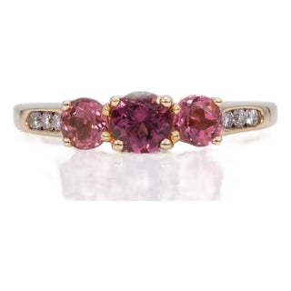 Rubellite Tourmaline Three-Stone Estate Ring in Solid 14k Gold, Round Cut 5mm, Size 8 For Sale