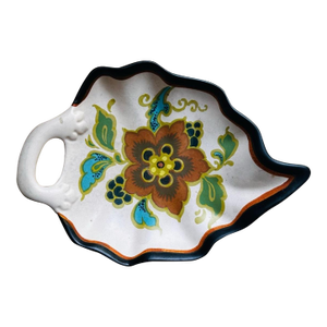 Vintage Dutch Modica Gouda Floral Ceramic Leaf-Shaped Candy Dish Catch All