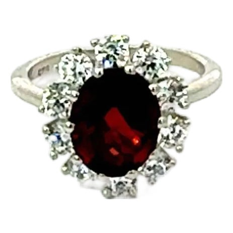 Antique Style Garnet and Zircon Halo Cluster Ring in Sterling Silver- Size 8 For Sale