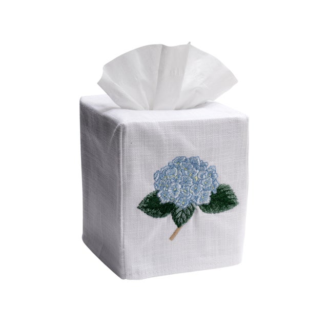 Blue Hydrangea Tissue Box Cover White Linen & Cotton, Embroidered For Sale - Image 4 of 6