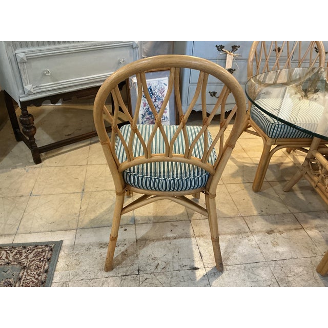 MCM Rattan Bamboo Dining Room Table Set 6 Chairs Glass Top Green Cushions For Sale - Image 12 of 12