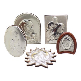 5 X Vintage Italian Handmade Silver Plate and Silver Sheet With Wood (Lamina) Sacred Bedside Icons For Sale