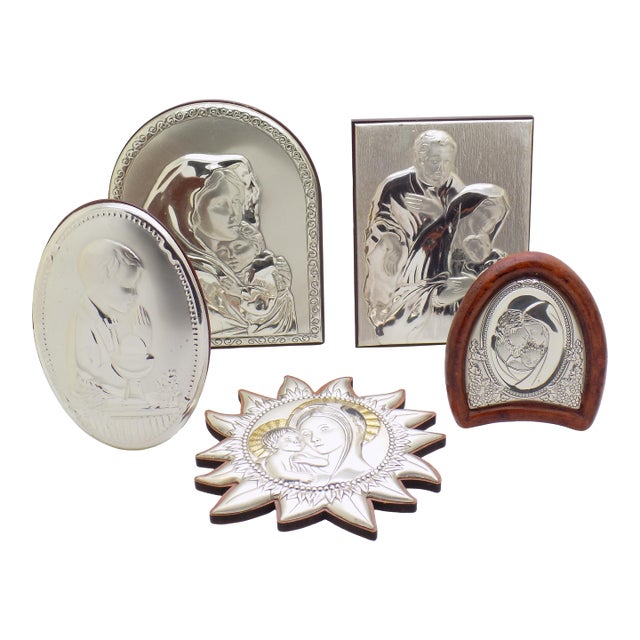 5 X Vintage Italian Handmade Silver Plate and Silver Sheet With Wood (Lamina) Sacred Bedside Icons For Sale