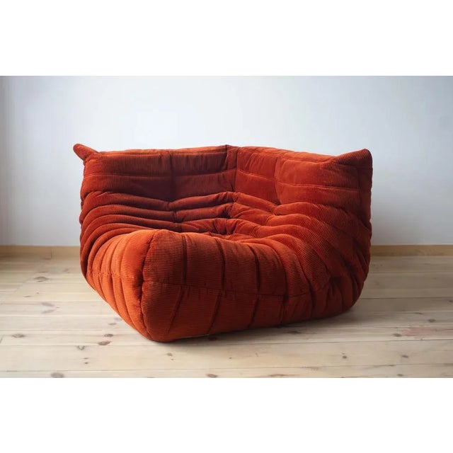 Amber Corduroy Togo Lounge Chair, Corner Chair and 2-Seat Sofa by Michel Ducaroy for Ligne Roset, Set of 3 For Sale - Image 6 of 11