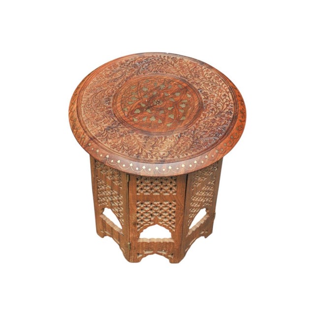Antique Middle Eastern Circular Carved Table with Repetitive Brass Floral Patterns, 1890s For Sale - Image 4 of 8