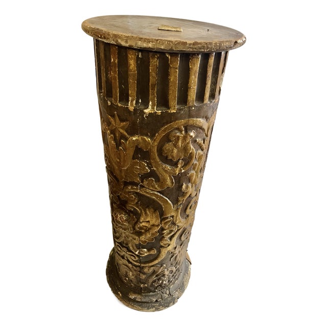 1840 Antique Ornate French Wooden Pedestal Column With Gold Highlights For Sale