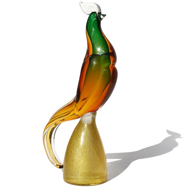 Vintage Murano Sommerso Orange Green Gold Flecks Italian Art Glass Tall Pheasant Bird Figure Sculpture For Sale In Orlando - Image 6 of 7