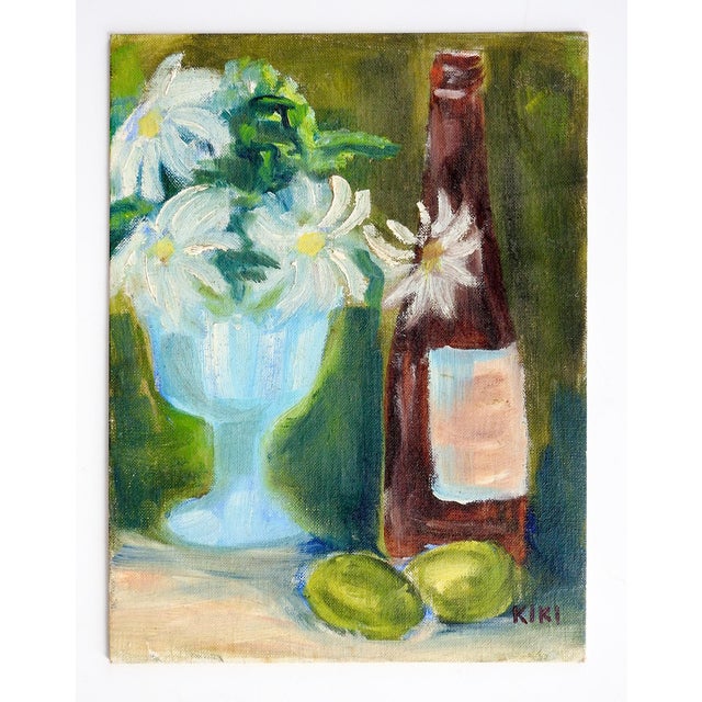 Contemporary Contemporary Wine, Limes and Daisies in Turqouise Vase Still Life Painting For Sale - Image 3 of 3