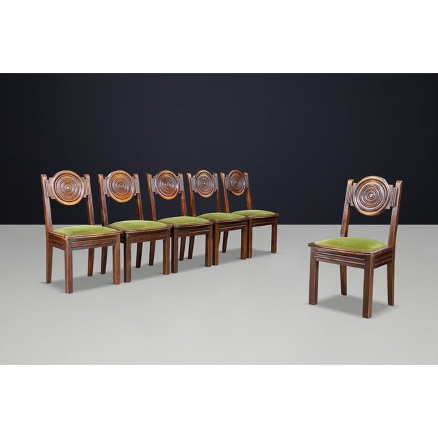 Vintage French Carved Oak Dining Chairs with Original Velvet, 1930s, Set of 6 For Sale - Image 6 of 11