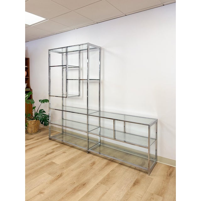 Mid-Century Modern Rare Milo Baughman Style Chrome Glass Etagere Display Shelf Vintage MCM Shelving For Sale - Image 3 of 12