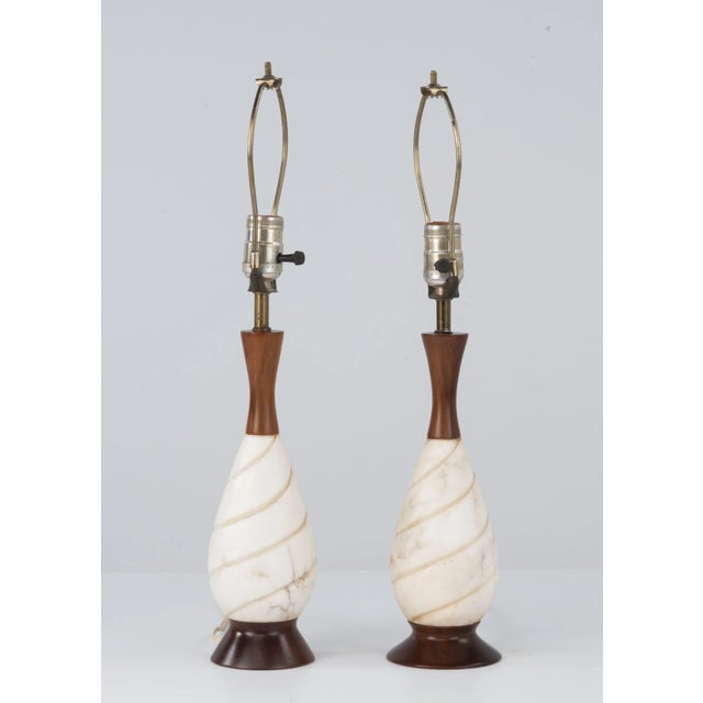 Mid Century Marble Walnut Lamps Italy - a Pair For Sale - Image 4 of 13