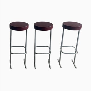 Vintage Industrial Bar Stools with Burgundy Seats, 1980s, Set of 3 For Sale
