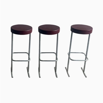 Vintage Industrial Bar Stools with Burgundy Seats, 1980s, Set of 3 For Sale