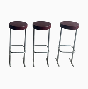 Vintage Industrial Bar Stools with Burgundy Seats, 1980s, Set of 3