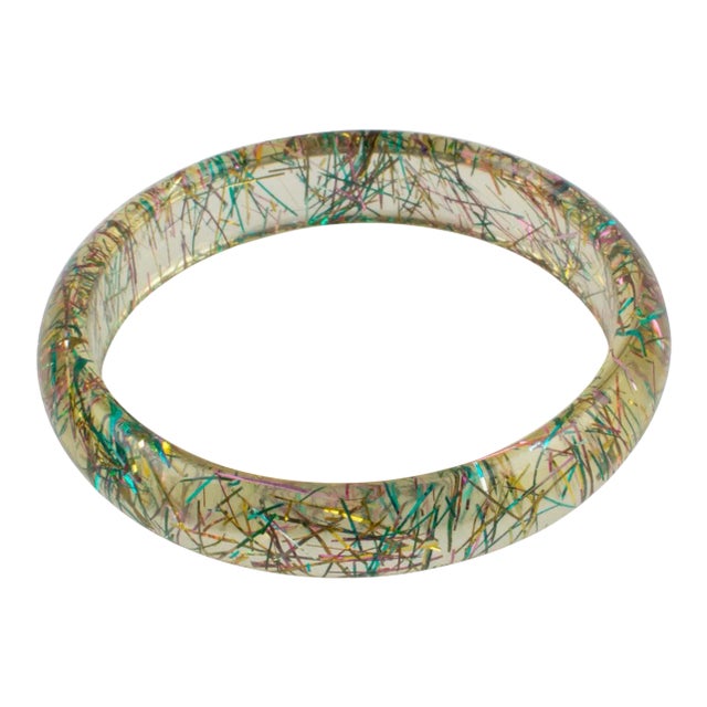 Clear Lucite Bracelet Bangle Multicolor Metallic Thread Inclusions For Sale
